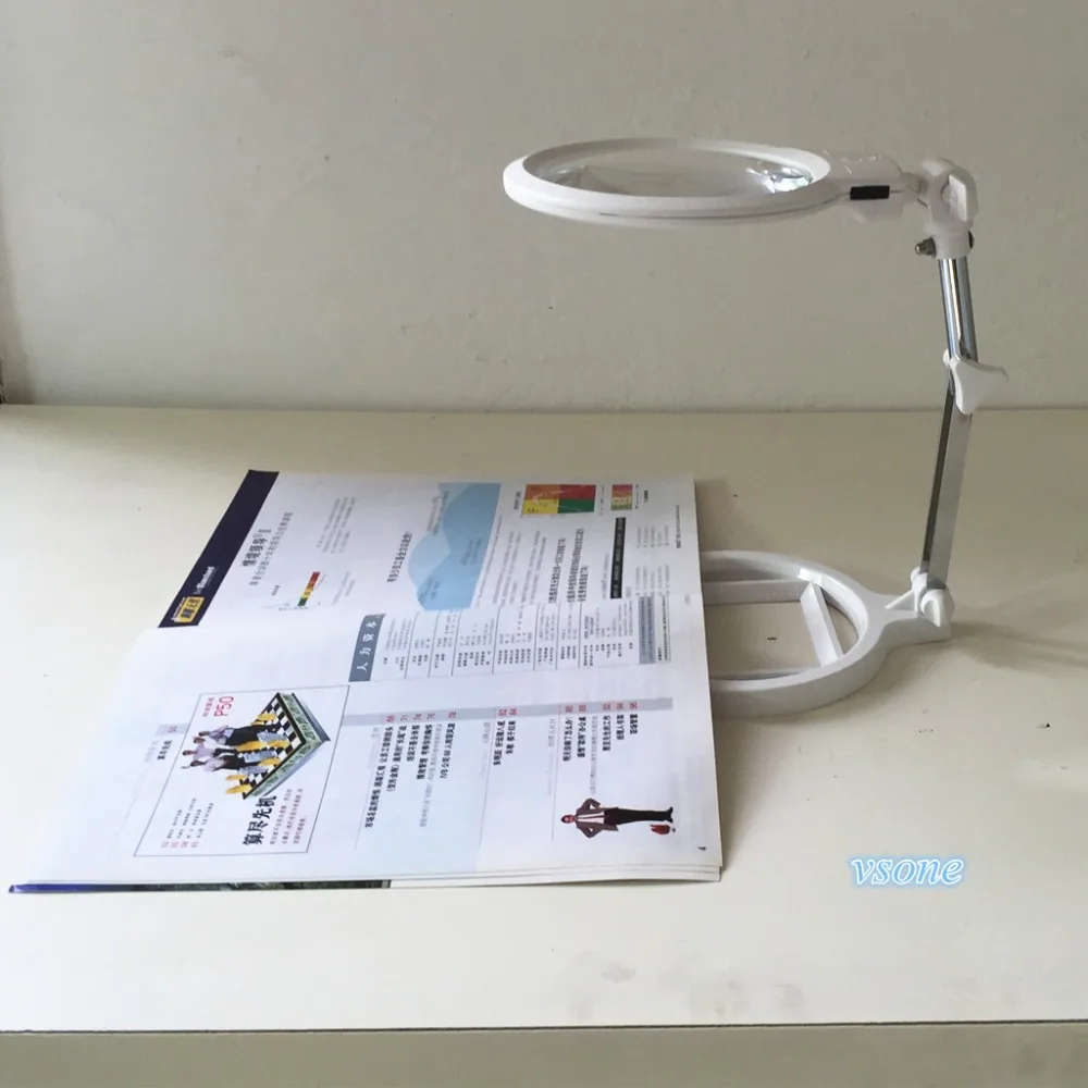 

2 LEDs Magnifying Glass Light Stand Desktop Reading Magnifier Loupe 2X 6X Jewelry Fabric Scale Lamp Measure Glass Fresnel Lens