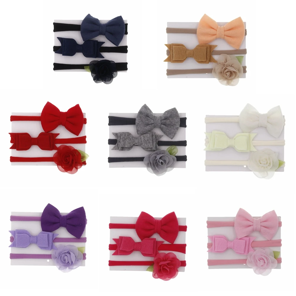 

Nishine 3pcs/lot Felt Bow Leaf Flower Nylon Headband Newborn Photography Props Baby Girls Elastic Hair Bands Hair Accessories