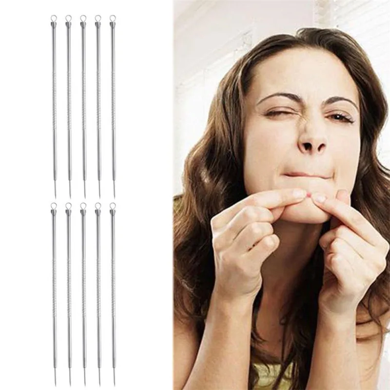 

10 Pcs Pimple Blemish Comedone Acne Extractor Remover Tool Set +EarPick Spoon Ear Wax Remover Face Clean Tools Silver Color
