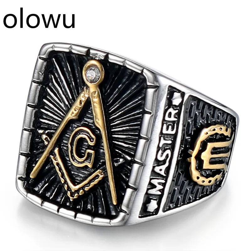 

olowu Personality Retro Religious Men Mason Rings Black Gold Color Stainless Steel Masonry Ring For Men's Jewellery Gifts