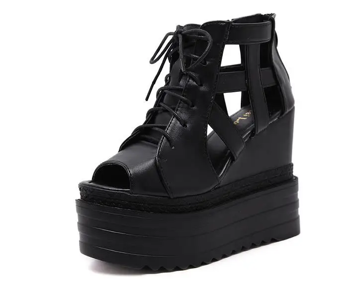 

2018 autumn new ultra high heel inner increase inside the sponge cake thick bottom hate high slope with hollow fish mouth sandal