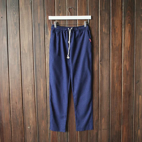 Новые летние однотонные льняные повседневные штаны, простые Эластичные на завязках льняные брюки, свободные и дышащие мужские брюки большого размера - Цвет: Navy