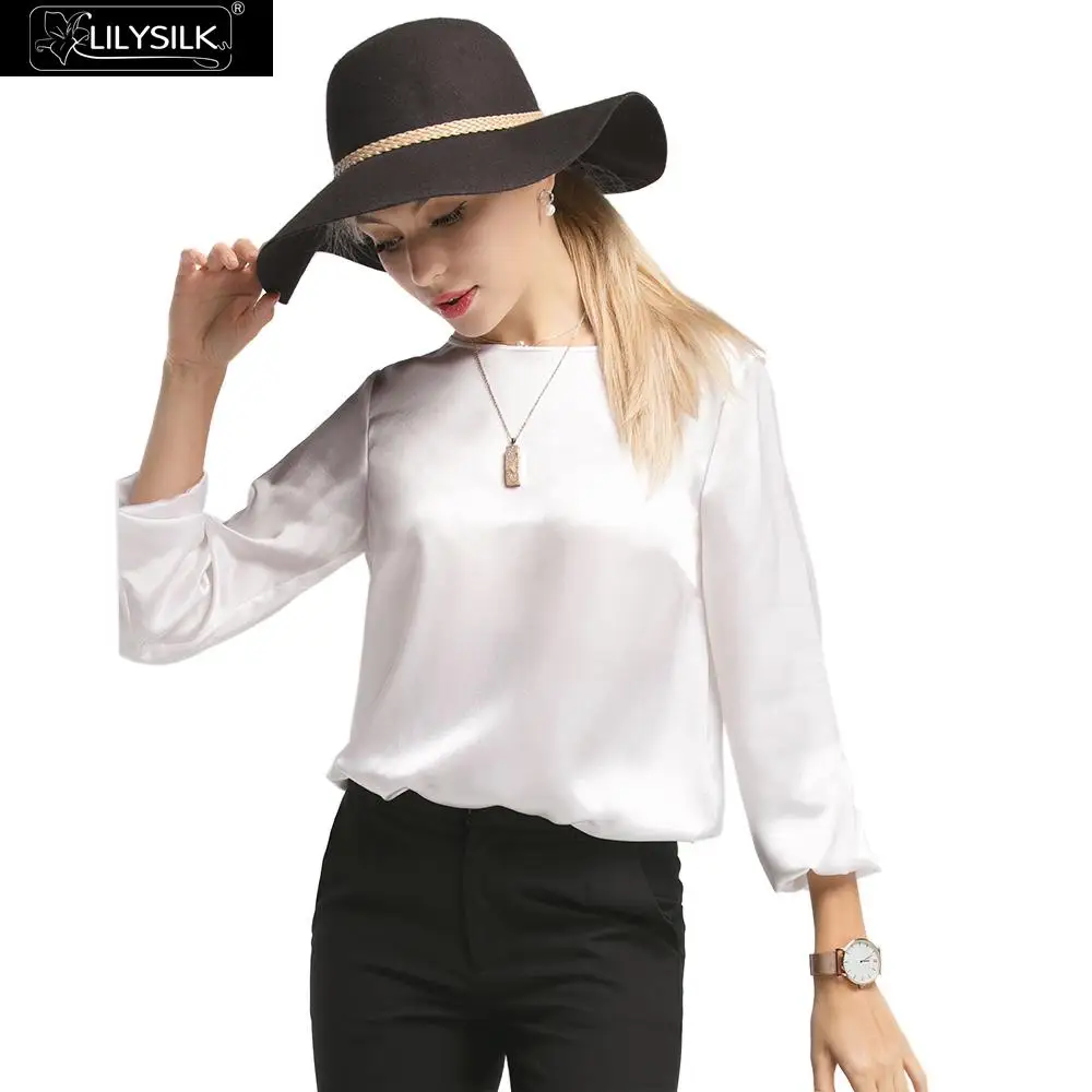 LilySilk Блузка шелковая рубашка для женщин Элегантная круглая горловина 22 momme Летняя женская - Цвет: White