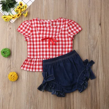 

Newborn Baby Girl Clothes Casual Plaids Tops Denim Short Pants 2pcs Outfits Set Summer