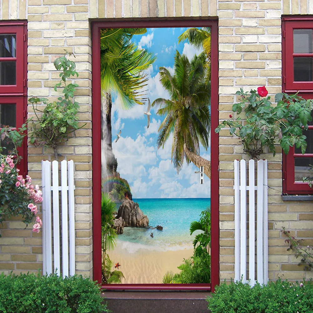 

Waterproof Self adhesive Door Sticker Beach Seascape 3D Effect Wallpaper DIY Murals Living Room Bedroom Door Decoration Stickers