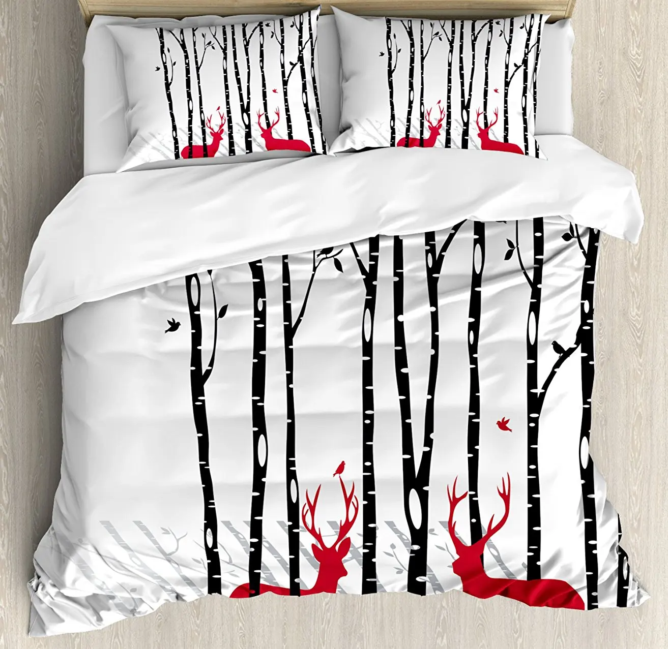 

Antlers Duvet Cover Set Deer Tree Forest with Red Holiday Theme Flying Leaves Branch Reindeer, Decorative 4 Piece Bedding Set