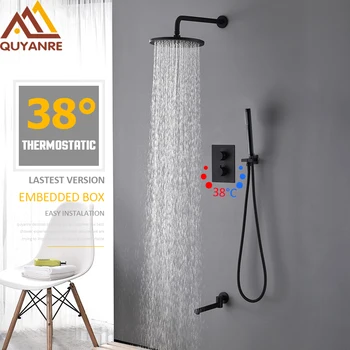 

Quyanre 3-way Matte Black Thermostatic Bath Shower Faucet Round Shower Embedded Box Thermostatic Mixer Swivel Tub Spout Faucet