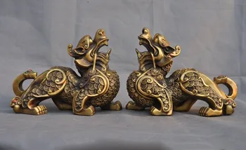 

Christmas China FengShui brass wealth money Guardian Unicorn Kylin PiXiu Beast Statue Pair Halloween