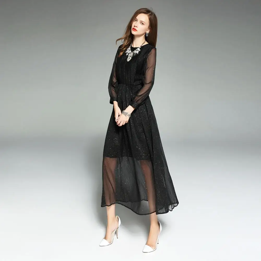 ^Cheap 2019 lente en zomer jurk O-hals nieuwe zwarte lange chiffon starry fashion vintage plus size dames jurk h17