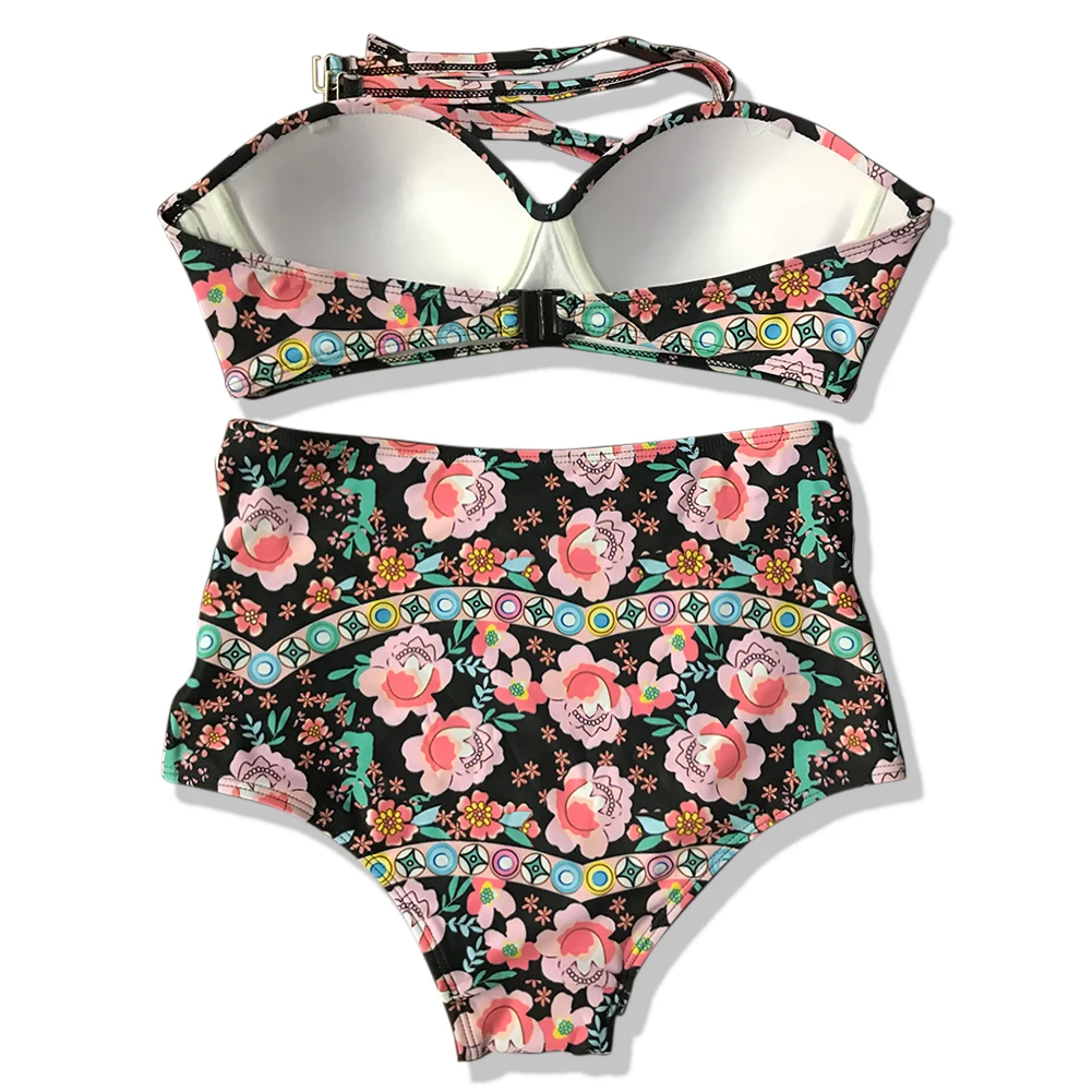 

Gift Swimsuit Bathing Wire Free Backless Swimwear Beach Bikini Set Fashion Adults Bandage High Waist Padded Bra Floral Print
