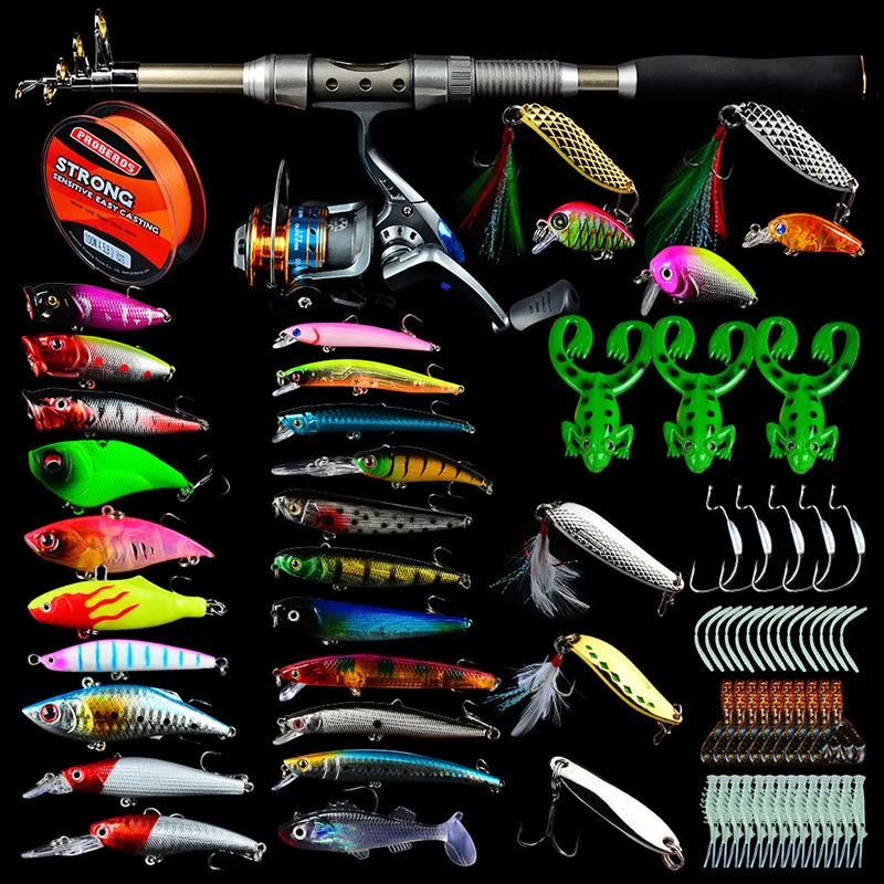 

PROBEROS Telescopic Fishing Rod Reel Combo Full Kit Fishing Rod Gear +Spinning Reel+ Line Lures Hooks for vara de pesca