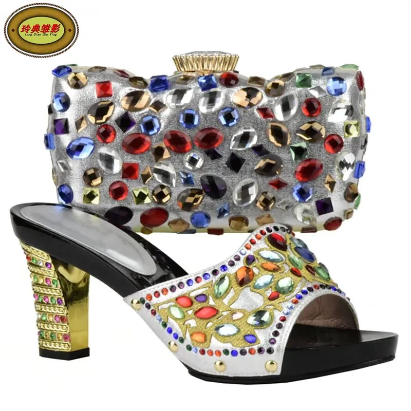 

DS17 High Quality Beauty African Rhinestones High Heels Shoes and Bag Set Beautiful Design European Ladies Slipper And Bags Sets