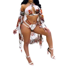 Женский купальник из 3 предметов,, сексуальный купальник бикини, комплект+ накидка в бразильском стиле, с высокой талией, кардиган с принтом, пляжный костюм