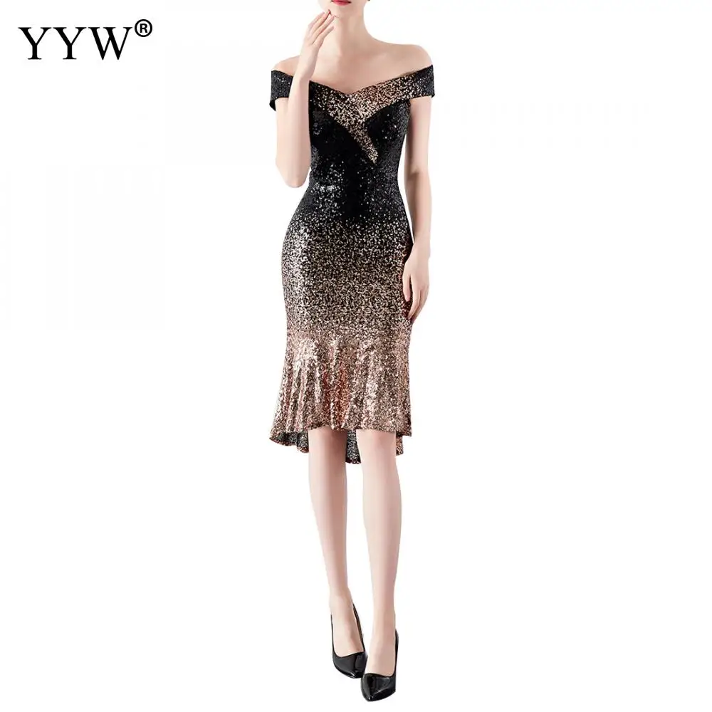 

2020 Europe And America Elegant Short Mermaid Evening Dress Vintage Gradient Sequin Dress Package Hip Sexy Cocktai Party Dresses