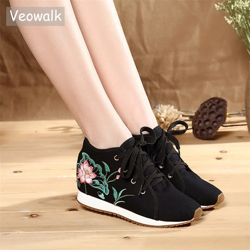 Veowalk New Women Canvas Embroidered Sneakers Hidden Platforms Classic Ladies Low Top Lace up Comfort Flats Traveling Shoes Veowalk New Women Canvas Embroidered Sneakers Hidden Platforms Classic Ladies Low Top Lace up Comfort Flats Traveling Shoes