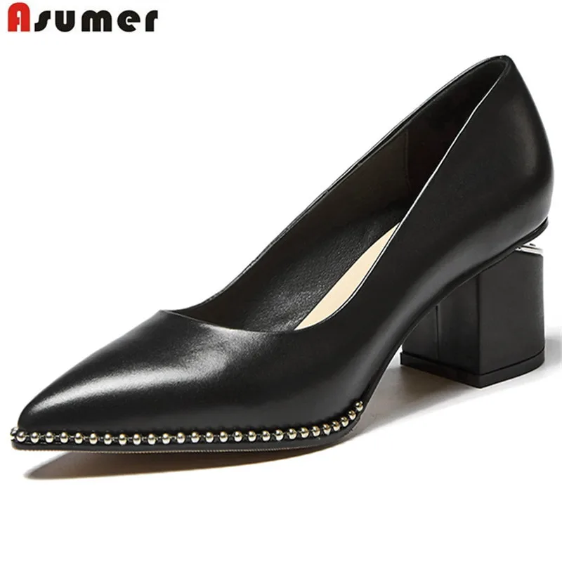 

ASUMER 2019 New genuine leather shoes women pumps pointed toe cow leather fashion square high heels office lady dress shoes