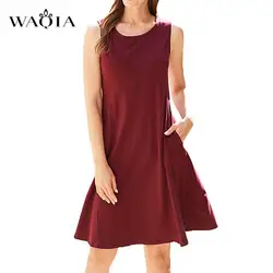 Waqia плюс размер женское летнее платье 2019 сексуальное без рукавов богемное однотонное пляжное платье сарафан с карманом красные платья
