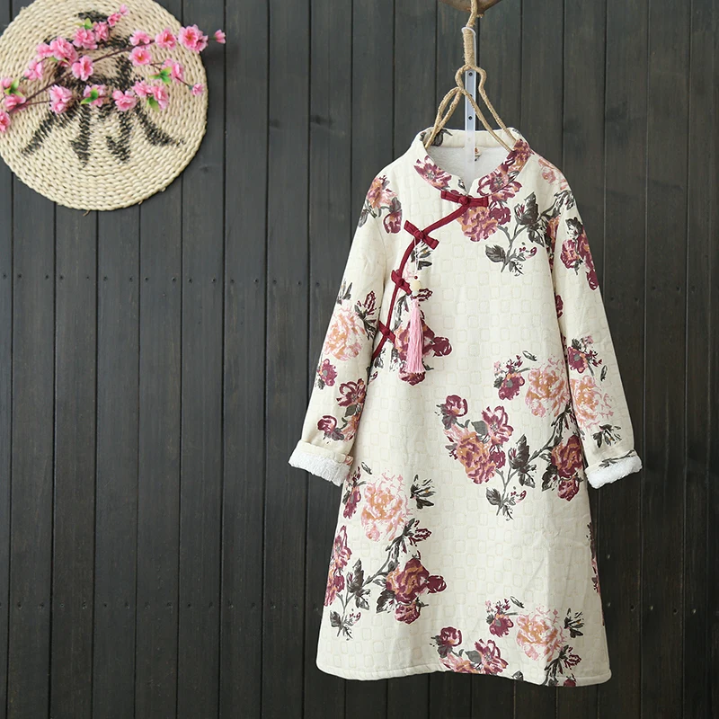 

Cotton Linen Buckle Chinese Style Robes Women Dress Long Sleeve Thicken Warm Fleece Autumn Winter Floral Print Dresses Vintage