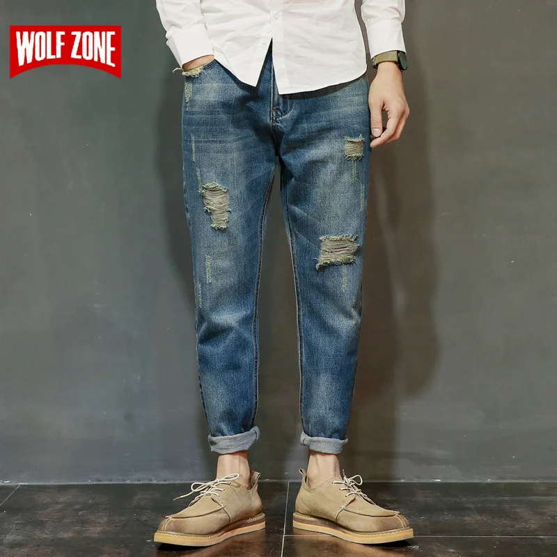 famous brand factory leather zipper jeans men deep blue slim straight