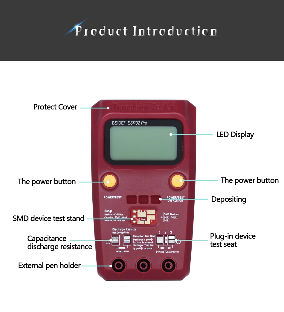 diodo inteligente triode capacitância resistor medidor lcd mos pnp npn teste
