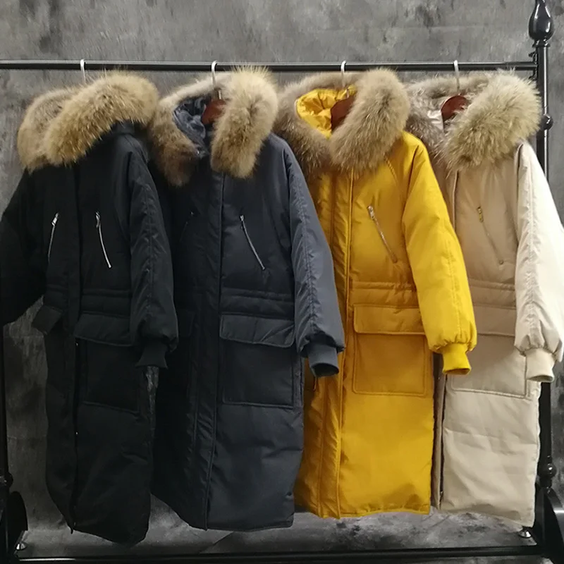 Большой натуральный мех енота, Зимняя женская куртка с капюшоном, длинная пуховая парка, белый утиный пух, Женская куртка, плотное пальто, верхняя одежда, теплое пальто