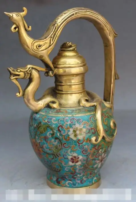 

S1717 Royal Chinese Cloisonne Bronze Gilt Palace Dragon Phoenix Wine Tea Pot Flagon