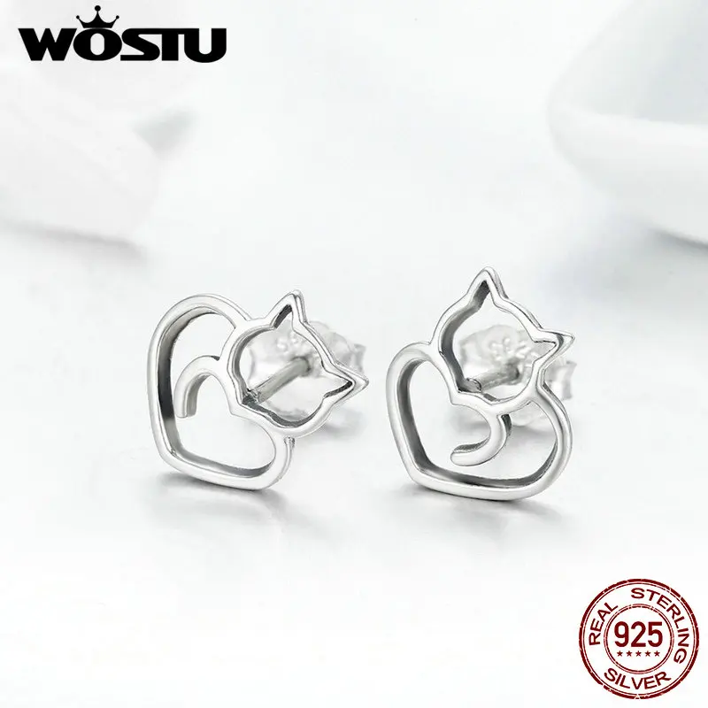 Женские серьги пусеты WOSTU из серебра 925 пробы с милым котом модные Оригинальные
