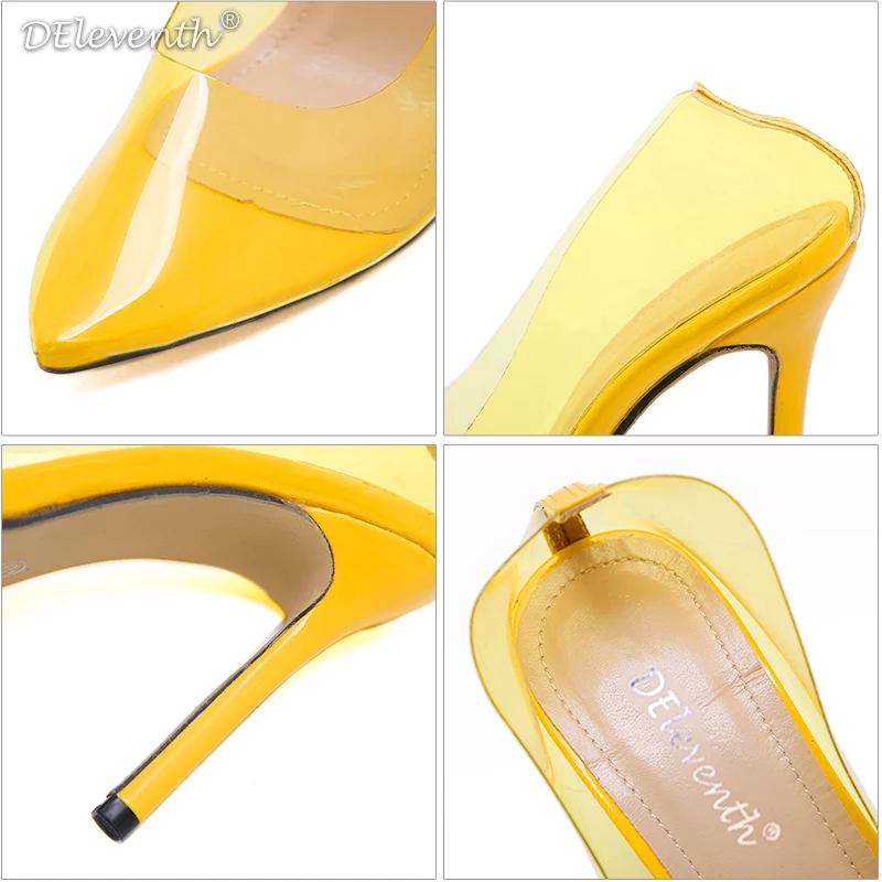 DEleventh Sexy fashion ladies party wedding women's shoes stilettos high heels pointed toe transparents pumps shoes yellow blue