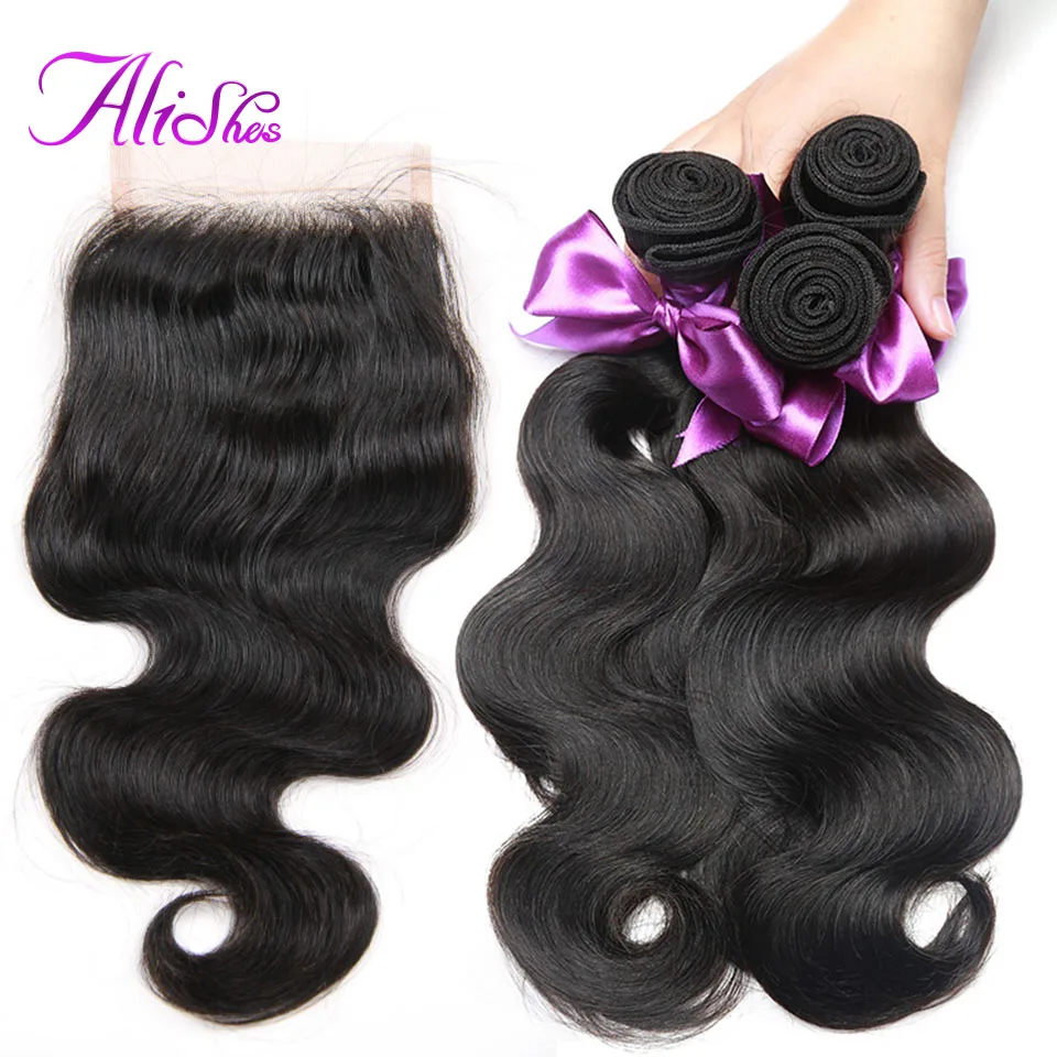 Alishes Buy 3 Hair Bundles Get 1 Free Closure Brazilian Body Wave Bundles With Free Part Closure Non Remy Human Hair 4PCS LOT brazilian-body-wave-hair-with-closure