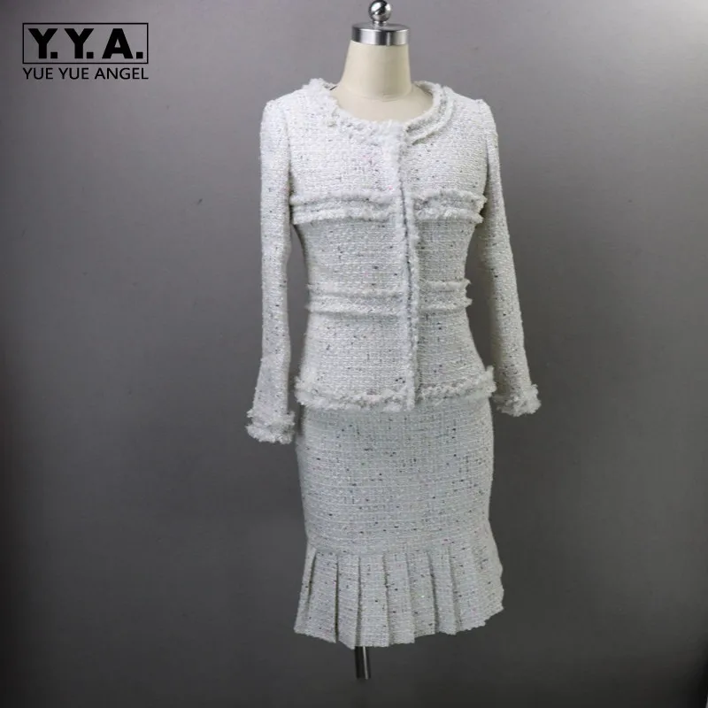 

2019 New Women Tweed Jacket Wrap Pleated Skirt Office Work Outfits Suit White Spliced Runway Slim Fit Ladies Party Two Piece Set