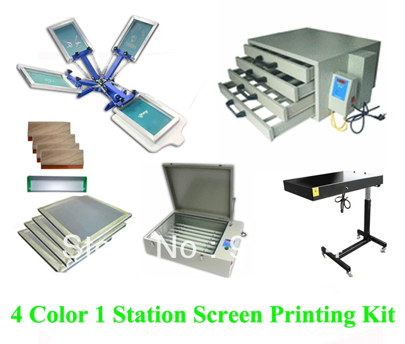 Free shipping discount full 4 color 1 station t-shirt screen printing kit press printer machine flash dryer expsoure stretcher |