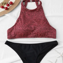 Красный, коричневый, сексуальный, с высоким горлом, подвешиваемый, пляжный, рок, Холтер, бикини, набор,, женский летний, Высокоэластичный, плотный купальник, женский купальник, новинка