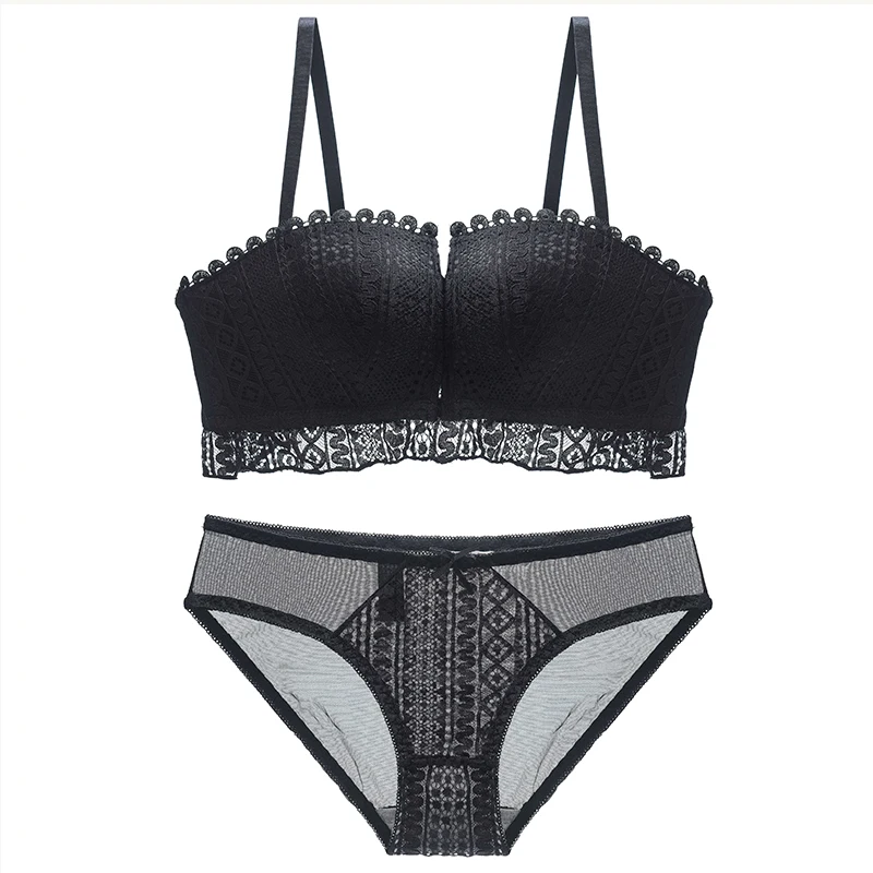 

Lace Sexy Bra Briefs Set For Women Push Up Lingerie Set Transparent Panties Bras Bralette 1/2 Cup Female Underwear Set #E