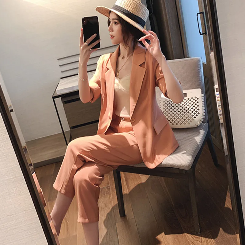 

Office Lady Casual Solid Women Pant Suits Blazer Jacket Women Wear to Work fashion Suits 2019 Summer Casual 2 Pieces Set