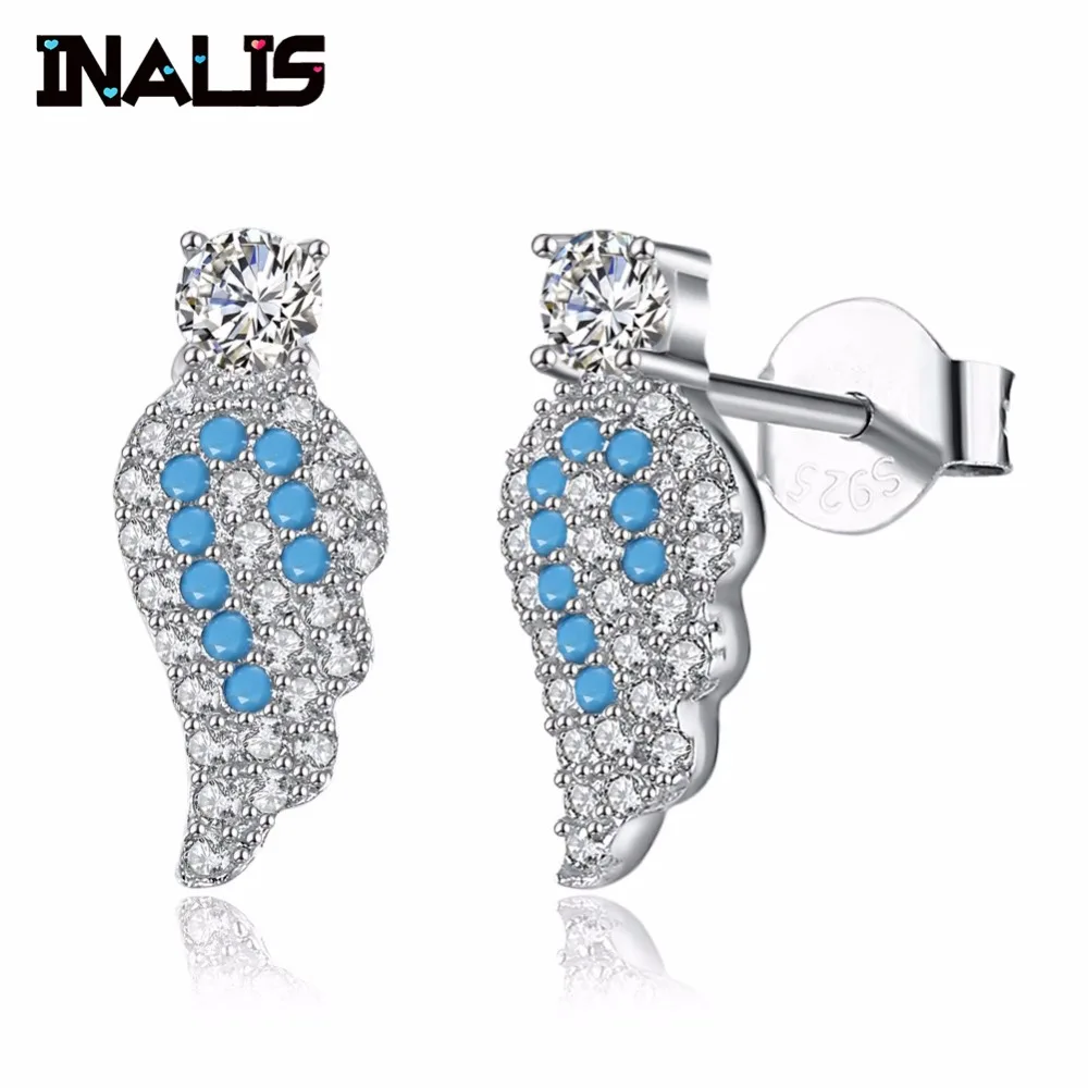 

INALIS Elegant 925 Sterling Silver Stud Earrings Angle Wing Shape Micro Paved Turquoise and CZ Crystal Fine Jewelry for Women
