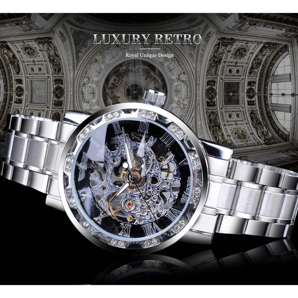 رفاهية الماس تصميم الأسود الهيكل العظمي ساعة الفضة الفولاذ المقاوم للصدأ رجالي ساعات آلية أعلى العلامة التجارية Relogio Masculino رفاهية الماس تصميم الأسود الهيكل العظمي ساعة الفضة الفولاذ المقاوم للصدأ رجالي ساعات آلية أعلى العلامة التجارية Relogio Masculino