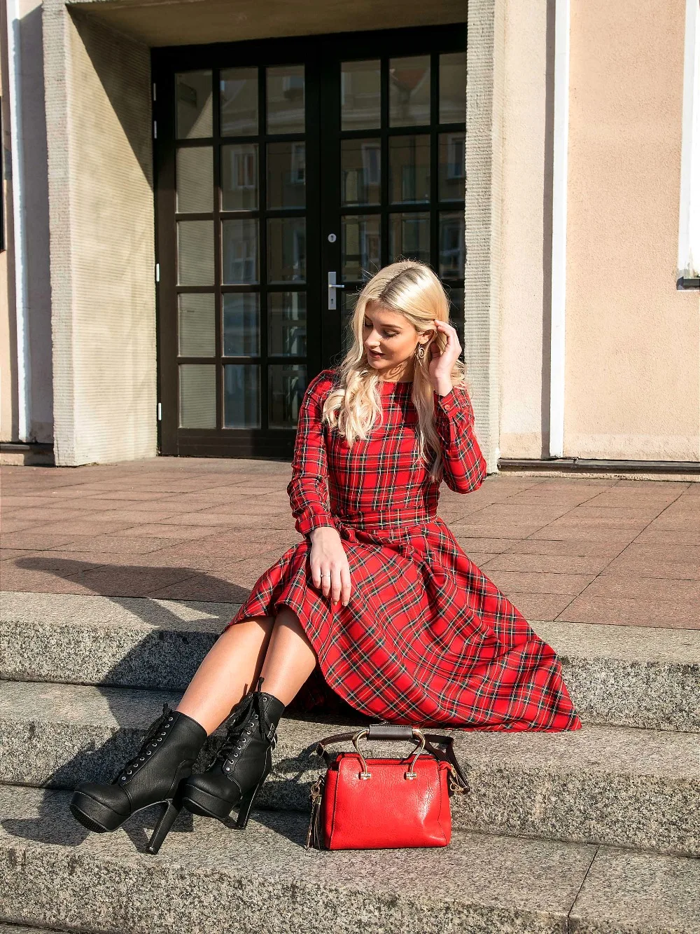 Sisjuly женщины одеваются осень плед Красный вечерние платья O шеи с длинным рукавом лоскутное A-line ежедневно женский толстый винтажное платье