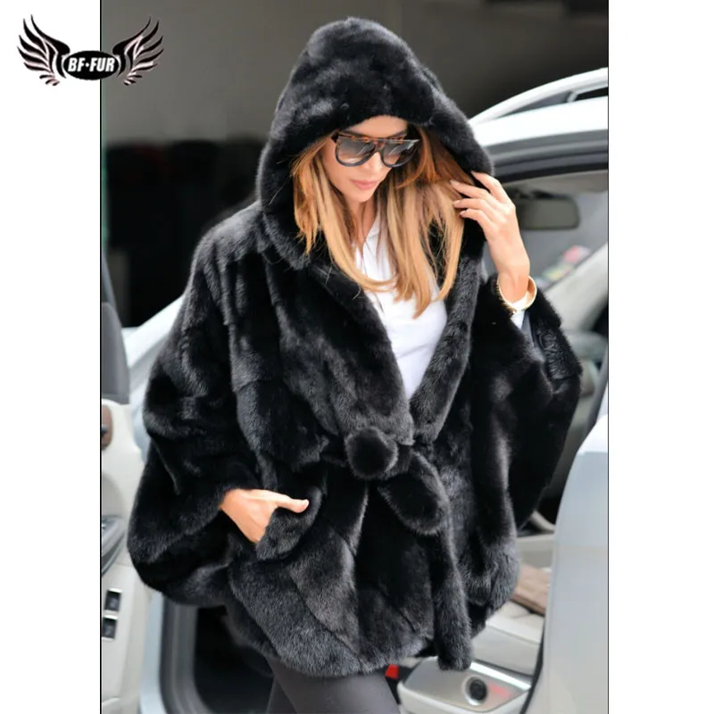 

BFFUR New Friends Real Fur Hood Coat Mink Coats For Women Clothes 2019 Winter Sale Plus Size Gifts Full Pelt Fashion Slim Solid