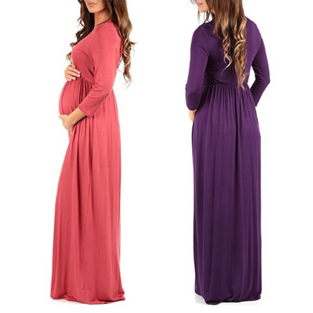 

Women Pure Color 3/4 Length Sleeve Ruched Waistband Maternity Maxi Long Dress