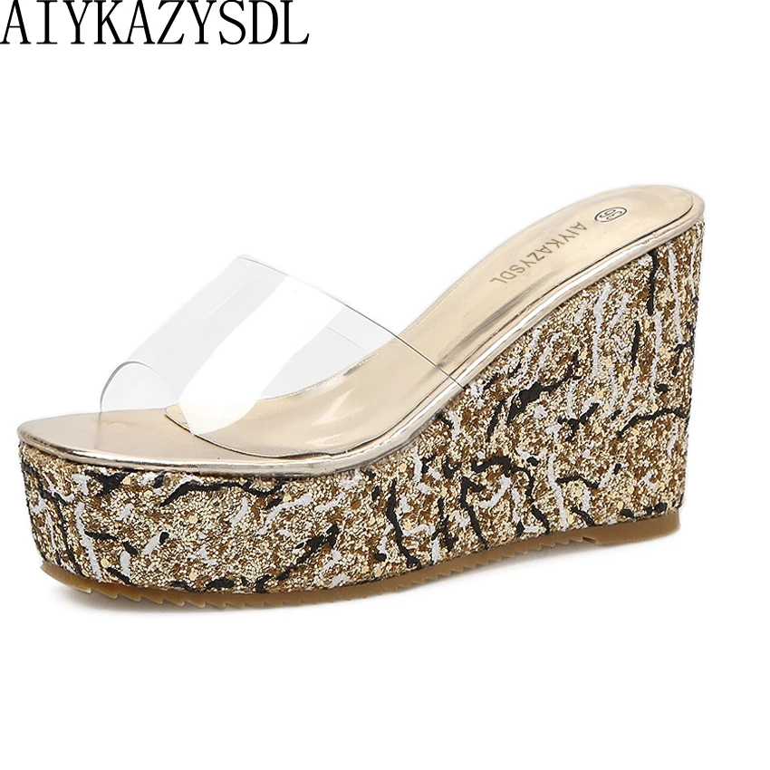 

AIYKAZYSDL Women 2018 Summer Sandals Square Open Toe PVC Clear Shoes Bling Shiny Sequined Platfrom Wedge High Heels Slippers
