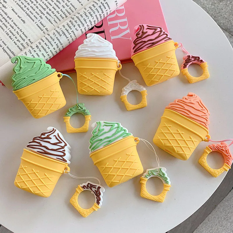 

For AirPods Case Cute Ice Cream Soft Silicone Earphone Cases For Airpods 2 Accessoire Protective Cover Key Rings For Air Pods