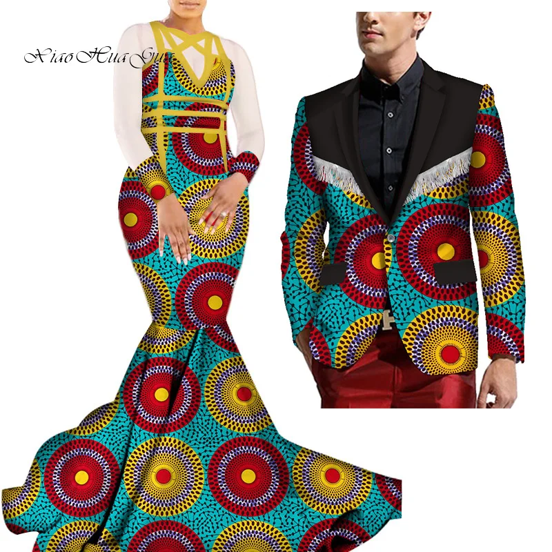 African Mermaid Bazin Riche Dresses for Couples Dashiki African Couple Clothing Women's Dress+Men's Blazer 2 Pieces Set WYQ275