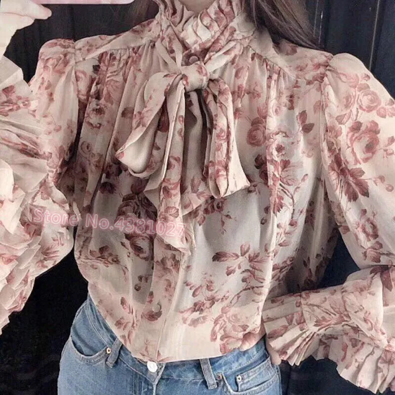 

Women Sand Wild Floral Print Long Sleeve Unbridled Tie High Neck Blouse Top