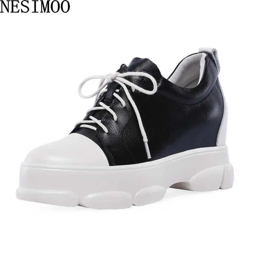 

NESIMOO 2019 Women Shoes Genuine Leather Height Increasing Casual Basic Lace Up Round Toe Spring Autumn All Match Size 34-42
