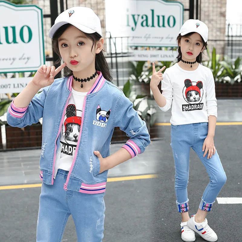 

Girls Clothes Sets Kids Boutique Outfits Children Denim Jacket + T-shirt +Jeans 3 Piece Suit Teenager Girls Clothing 10 12 Years