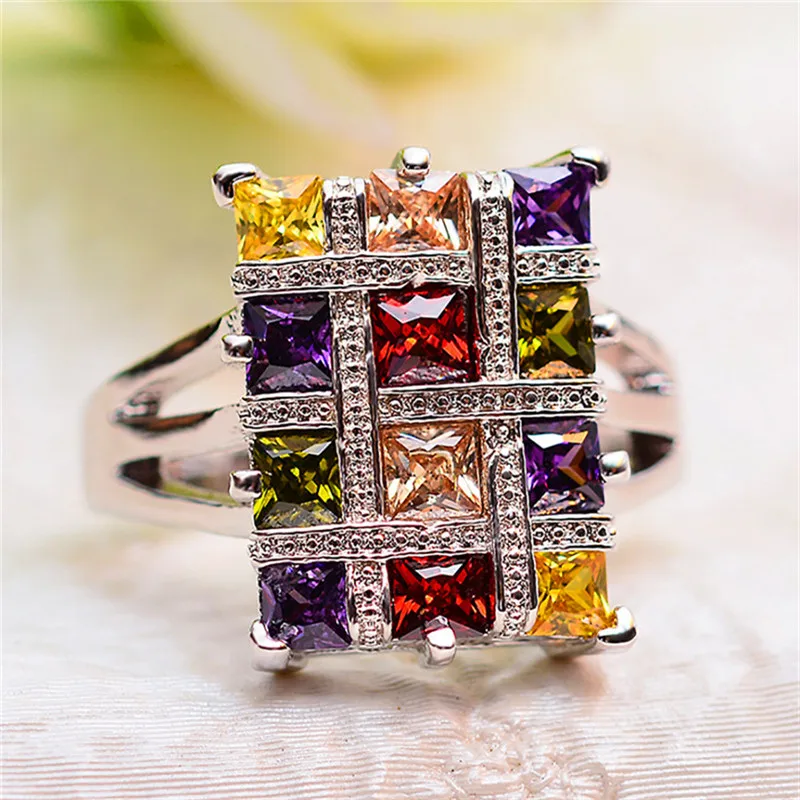 

JUNXIN Geometric Big Rectangle Rings For Women 925 Silver Color Rainbow Crystal Stone Wedding Bands Purple CZ Engagement Ring