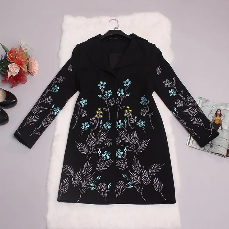 Винтажное пальто с вышивкой осень зима новое пальто/куртка длинный рукав элегантное Цветочная вышивка черное длинное женское пальто