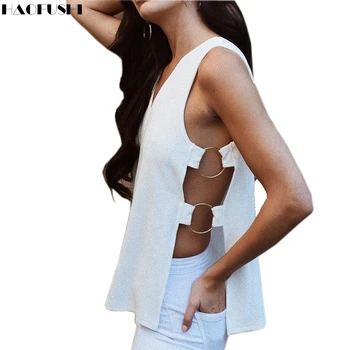 2017 Summer Women New stlye Popular Loose Metal Ring Straight Solid V -neck Hollow Shoulder Strap White sexy Vest tank tops