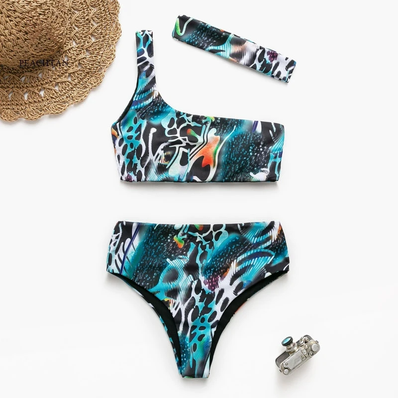 

Peachtan One Shoulder High Waist Bikini 2019 Swimsuit Female Women Swimwear Two-pieces Bikini Set Push Up Printed Bathing Suit