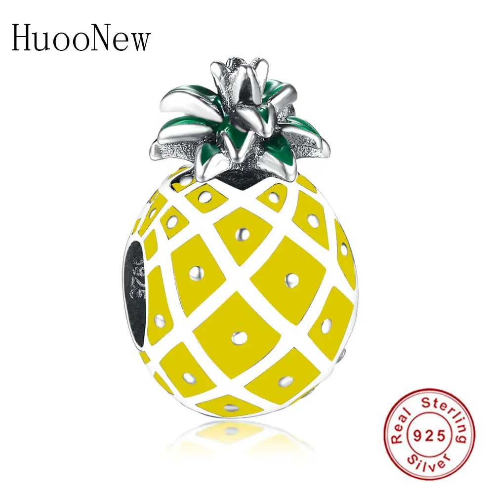 

HuooNew Fit Original Pandora Charms Bracelet Necklace 925 Sterling Silver Yellow Enamel Fruit Pineapple Bead Making Berloque DIY